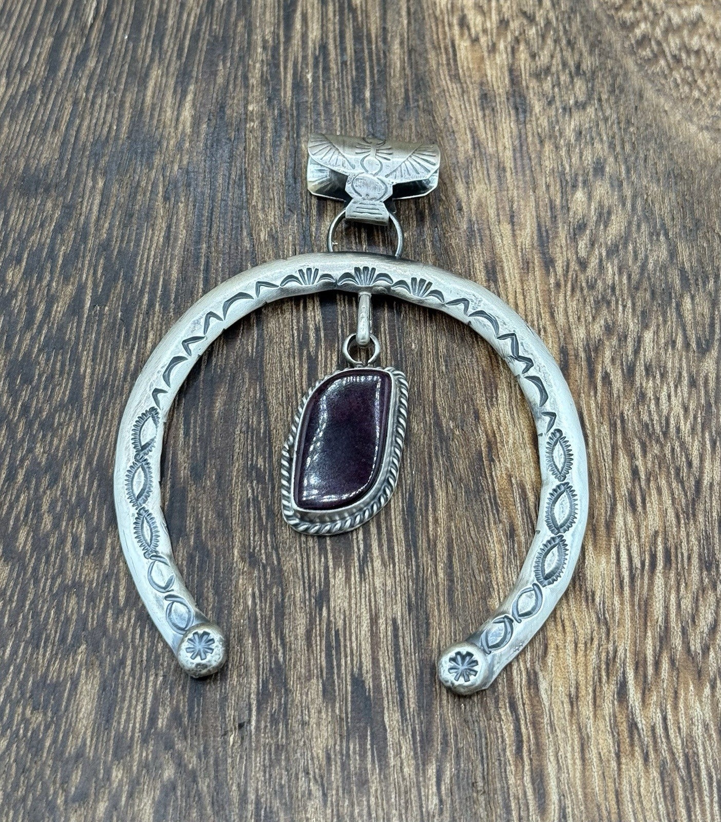 Navajo Handmade Sterling Silver Stamped Red Spiny Oyster Shell Naja Pendant