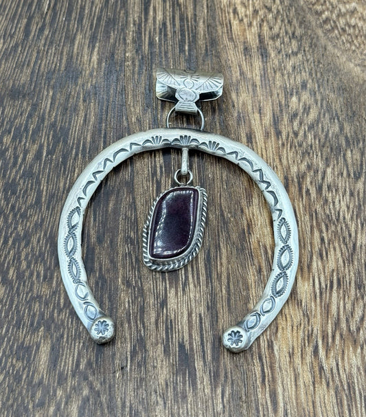 Navajo Handmade Sterling Silver Stamped Red Spiny Oyster Shell Naja Pendant