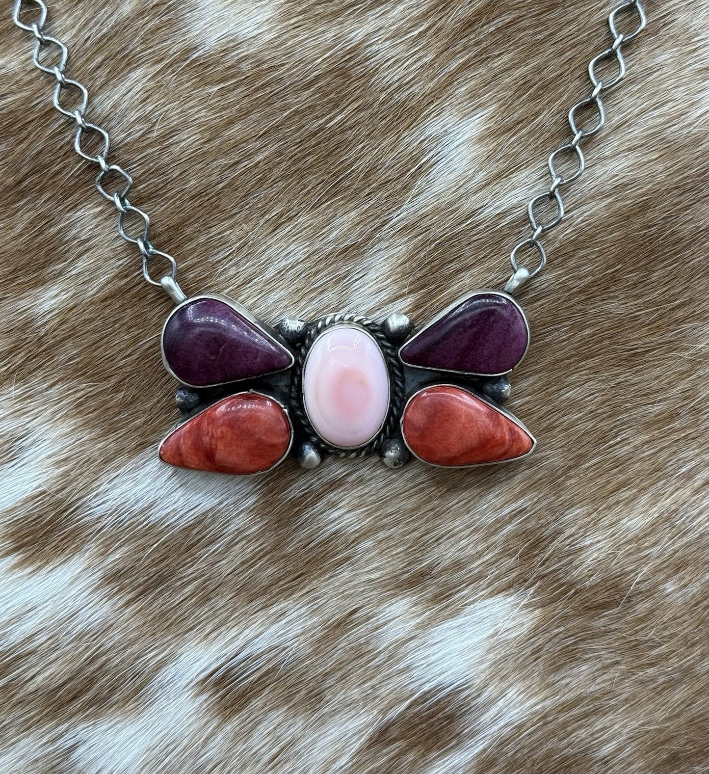 Navajo Handmade Sterling Silver Multi Stone Color Cluster Bar Necklace 18”