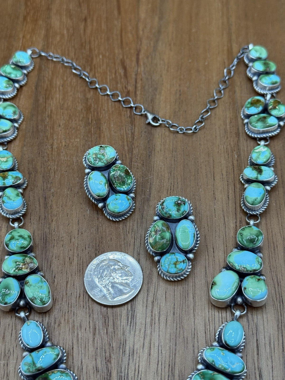 Navajo Handmade Sterling Silver Sonoran Gold Turquoise Cluster Lariat Necklace