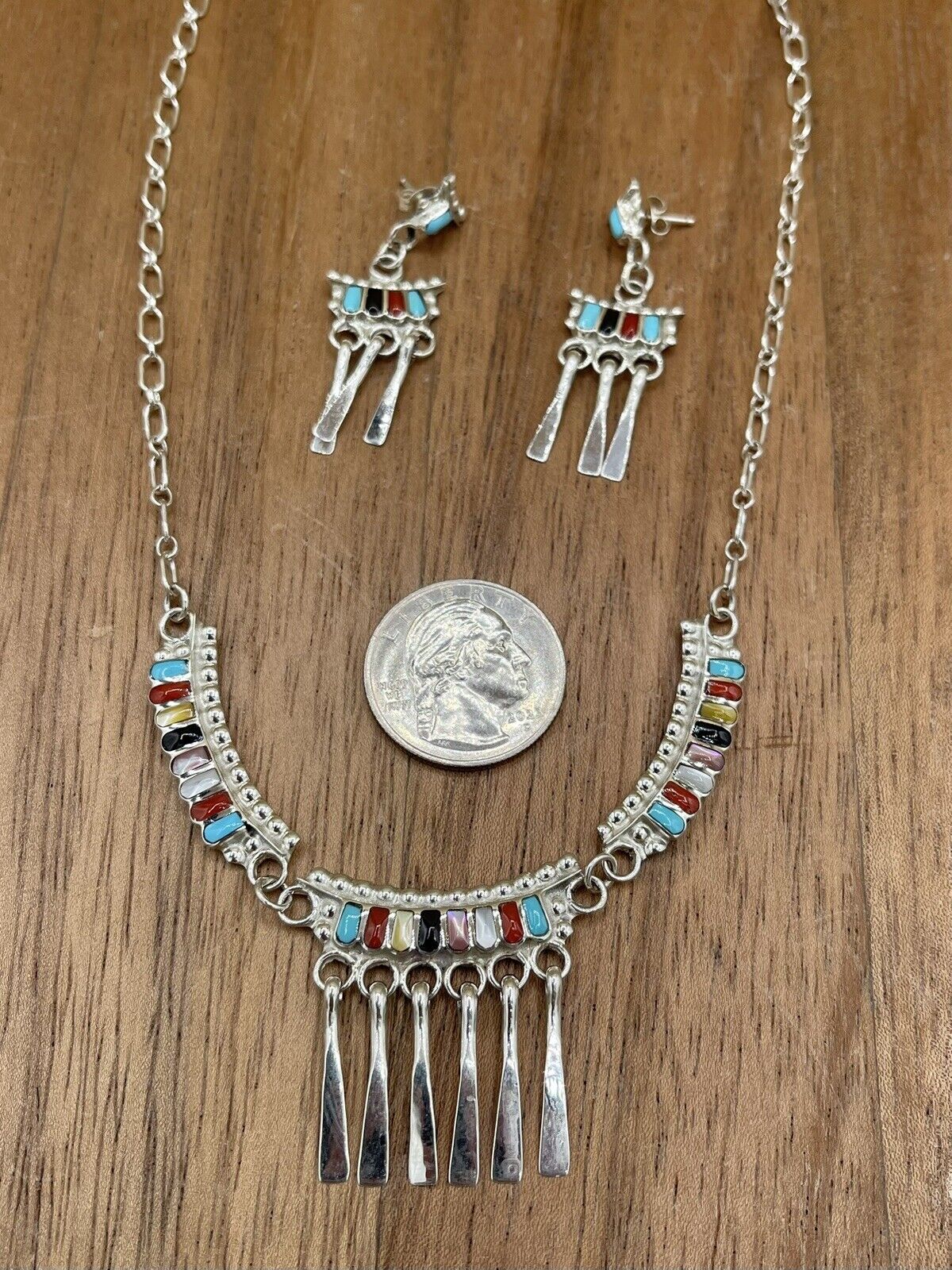 Native American Zuni handmade Sterling Silver Multi Stone Inlay Dangle Necklace