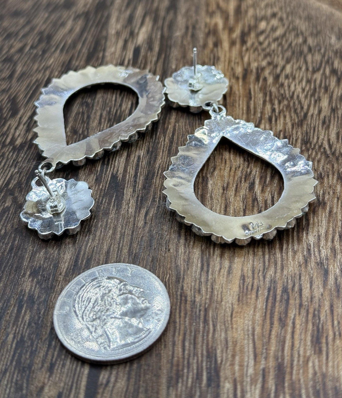 Navajo Handmade Sterling Silver Turquoise Cluster Post Drop earrings Large