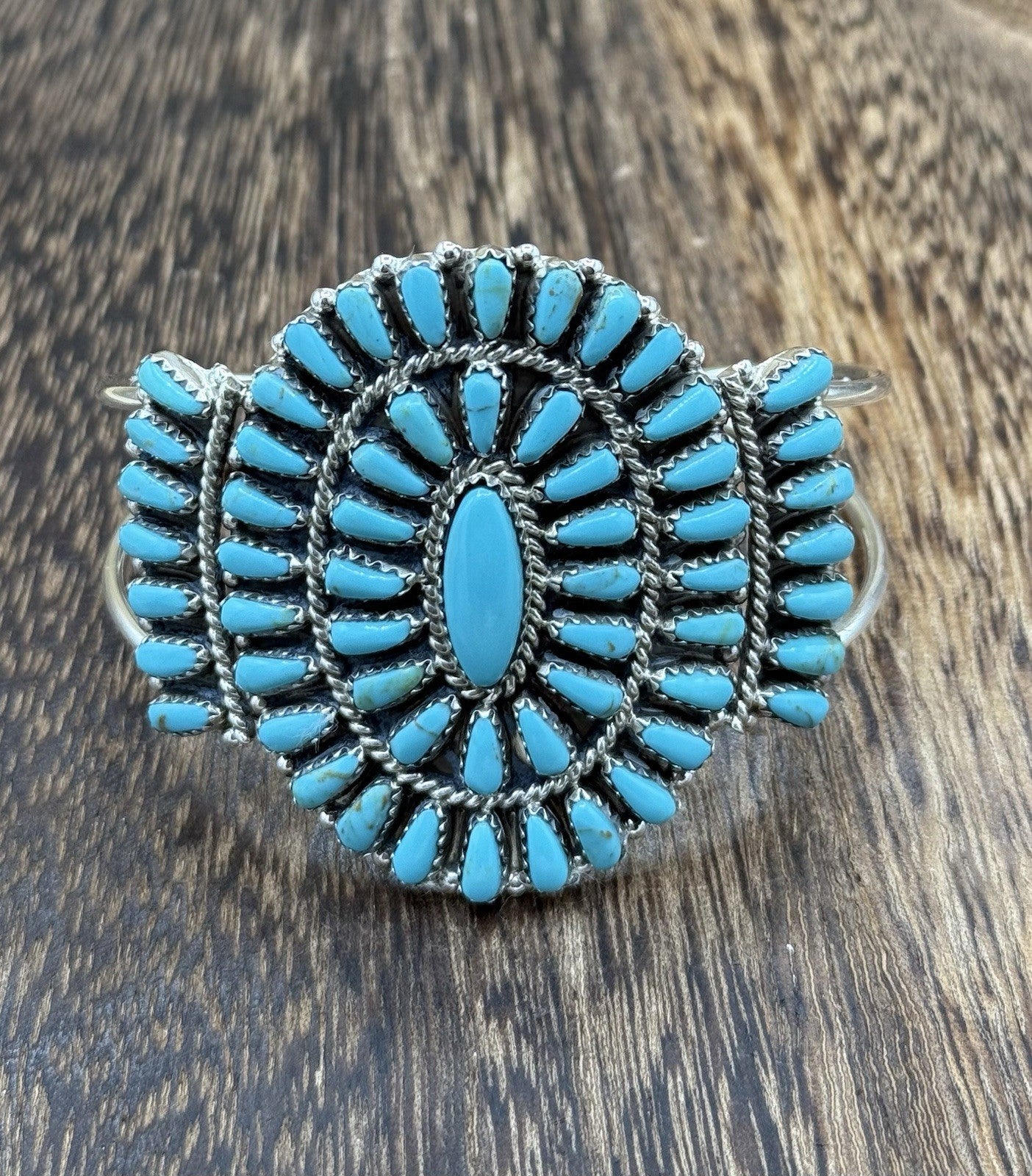 Native American Navajo Handmade Sterling Silver Turquoise Cluster Cuff Bracelet