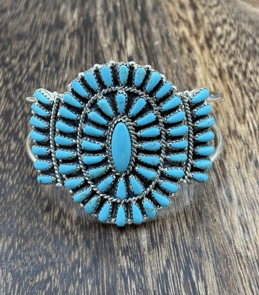 Native American Navajo Handmade Sterling Silver Turquoise Cluster Cuff Bracelet