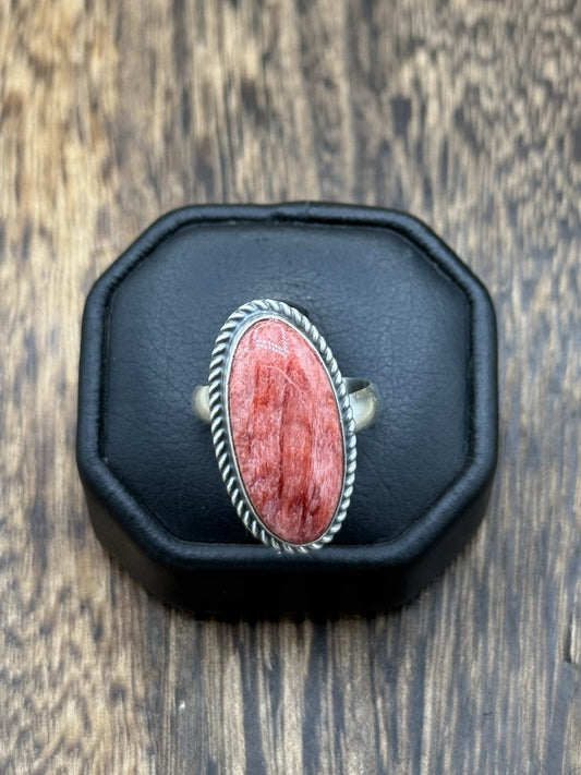Navajo Handmade Sterling Silver Red Spiny Oyster Adjustable Ring Size 7 - 10