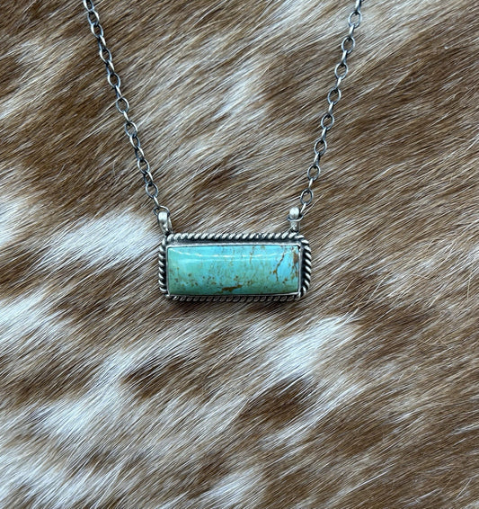 Navajo Handmade Sterling Silver Kingman Turquoise Bar Necklace 16”