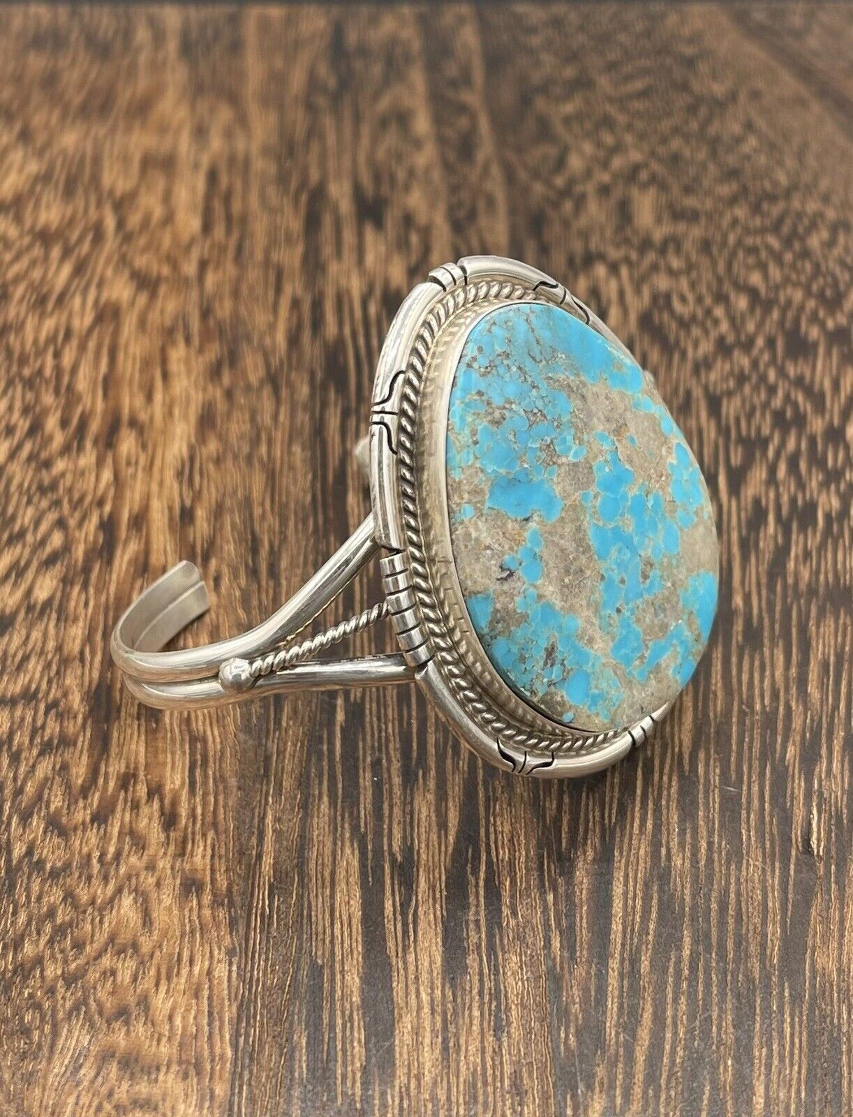 Native American Sterling Silver Navajo Handmade Kingman Turquoise Cuff Bracelet