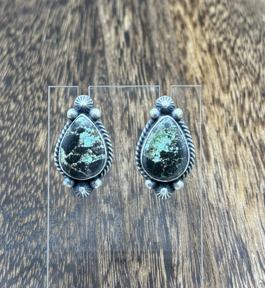 Navajo Handmade Sterling Silver Blackjack Turquoise Old Look Post Stud Earrings