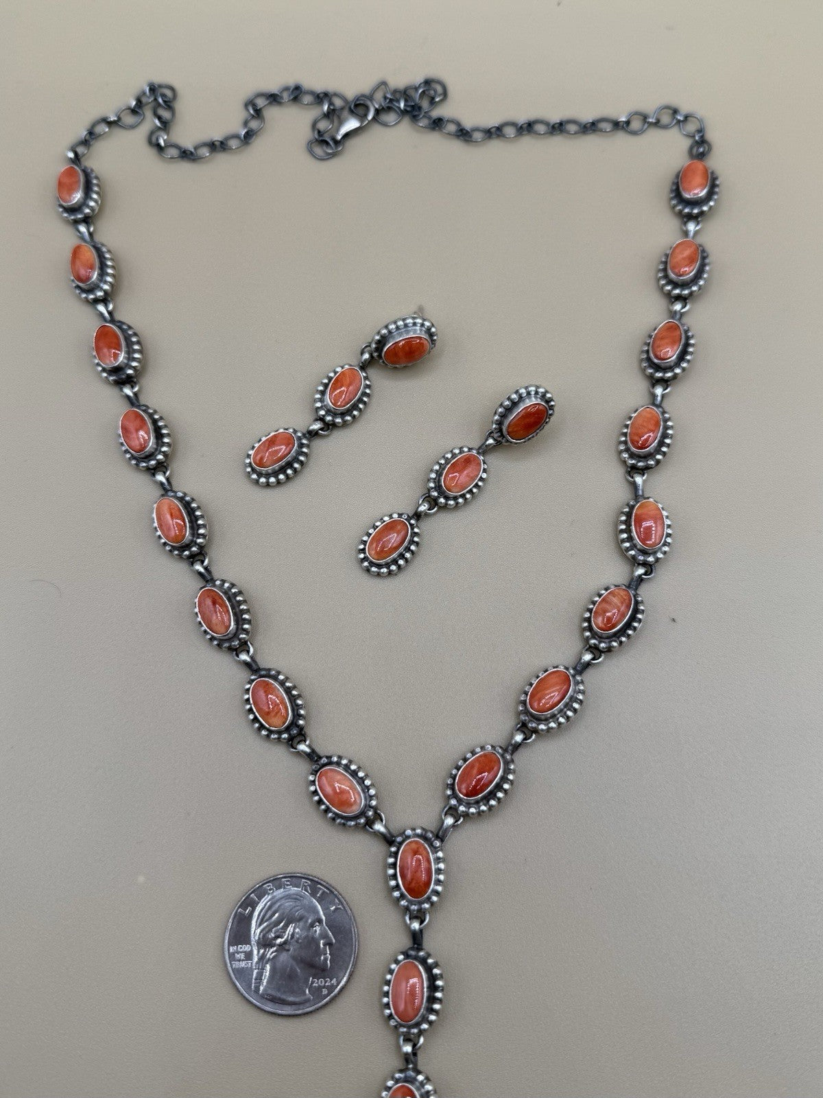 Navajo Handmade Sterling Silver Red Spiny Oyster Lariat Dangle Necklace Long