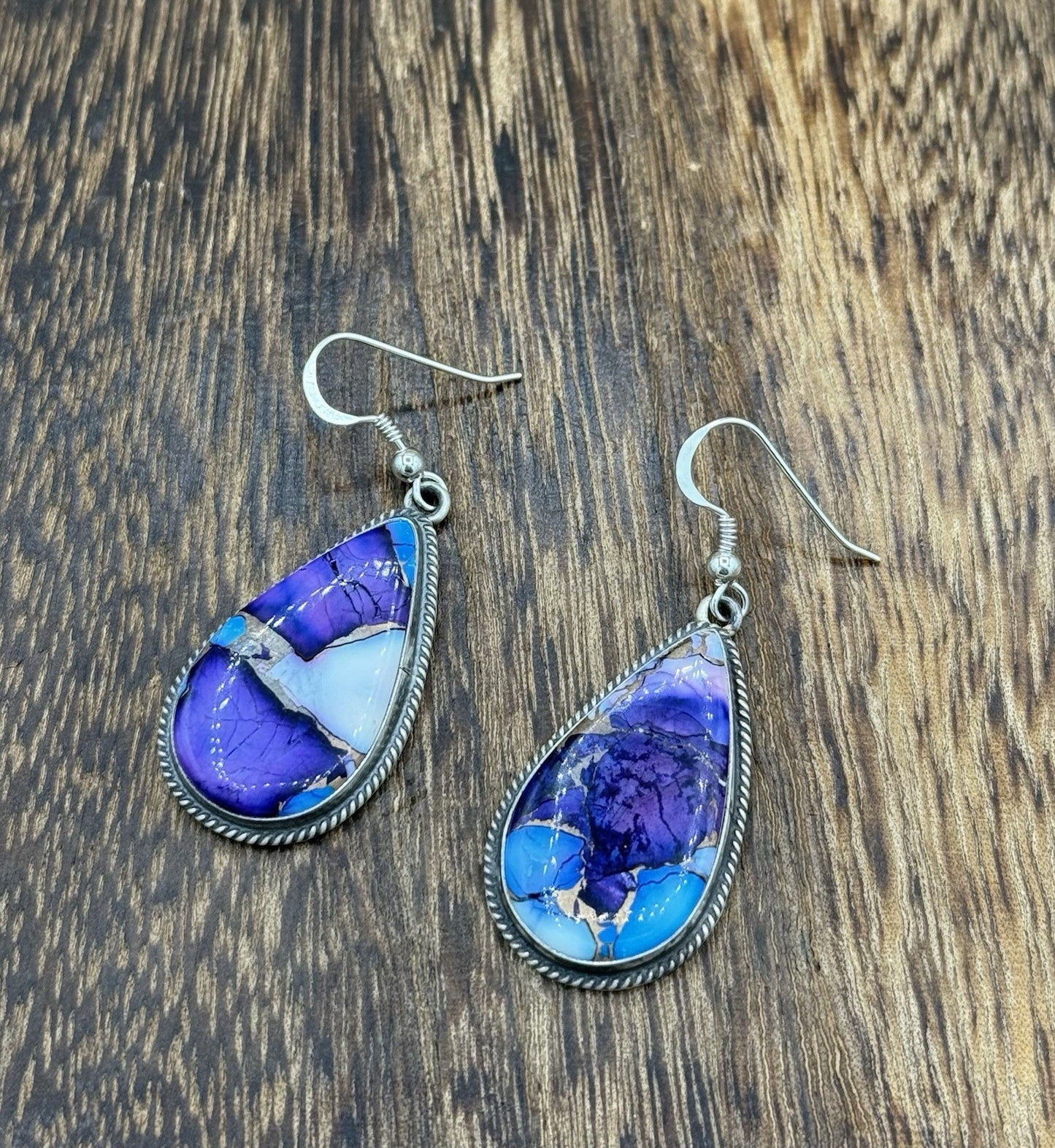 Navajo Handmade Sterling Silver Violet Rose & Blue Dahlia Dangle Drop Earrings