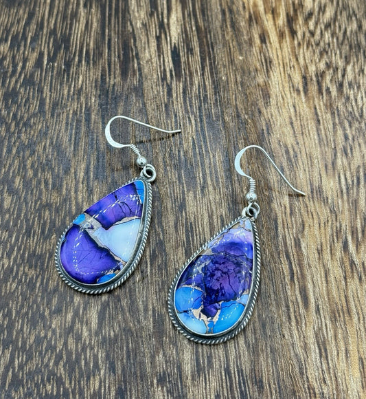 Navajo Handmade Sterling Silver Violet Rose & Blue Dahlia Dangle Drop Earrings