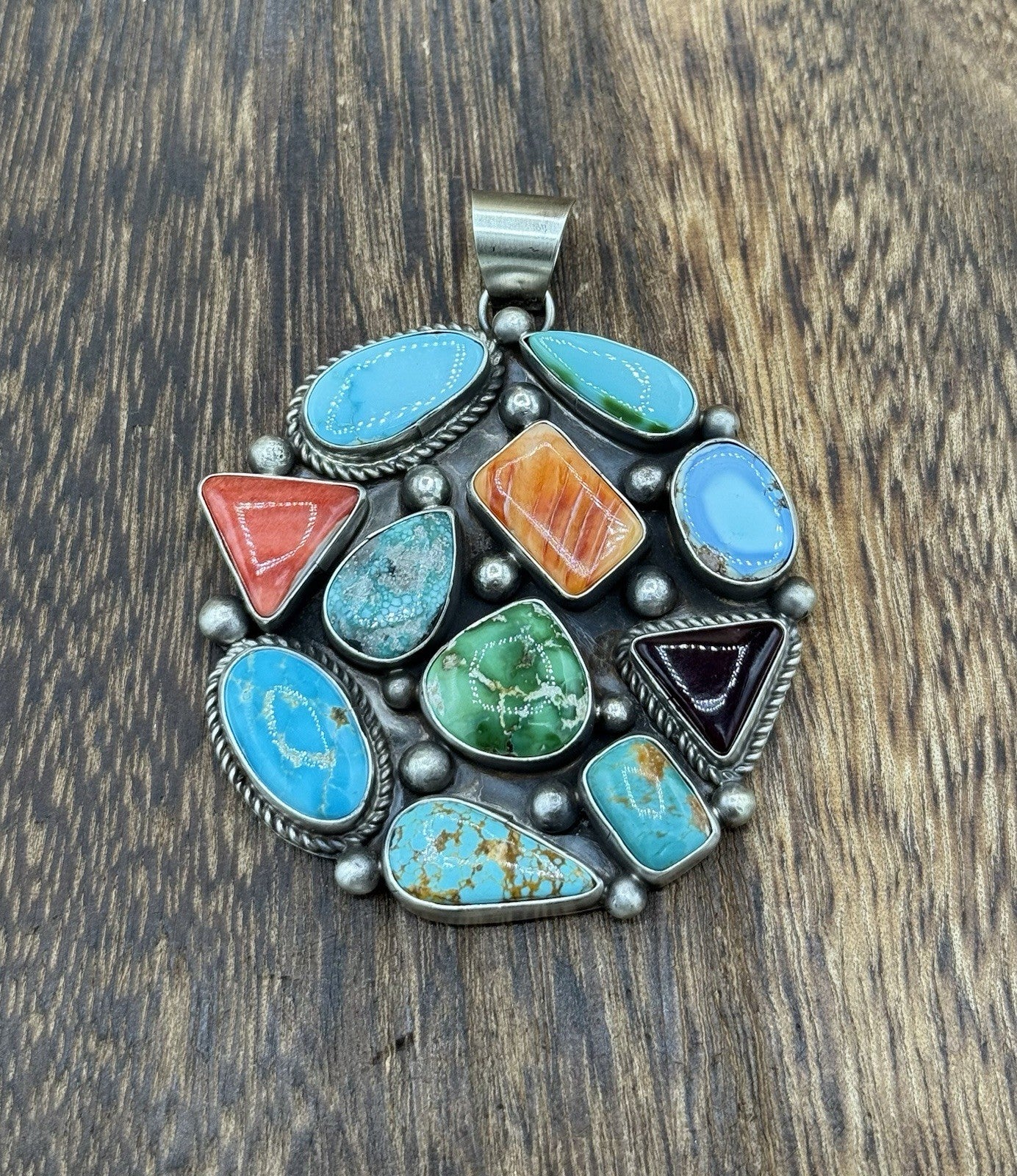 Navajo Handmade Sterling Silver Mixed Turquoise Spiny Large Cluster Pendant