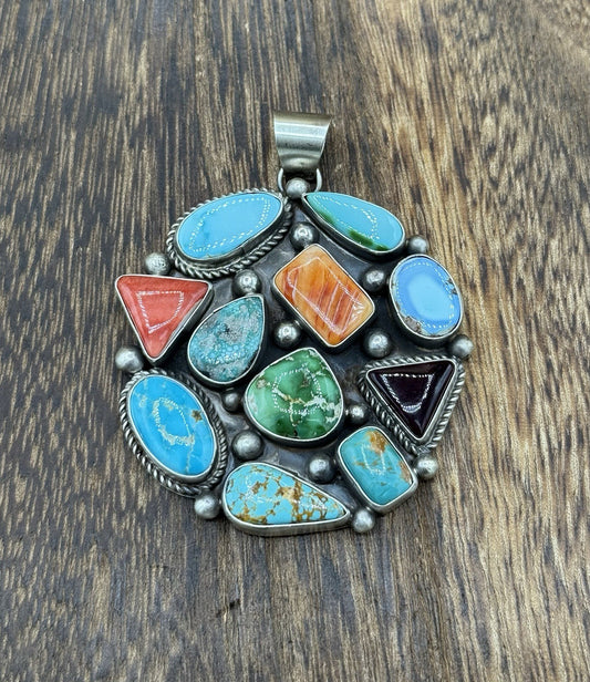 Navajo Handmade Sterling Silver Mixed Turquoise Spiny Large Cluster Pendant