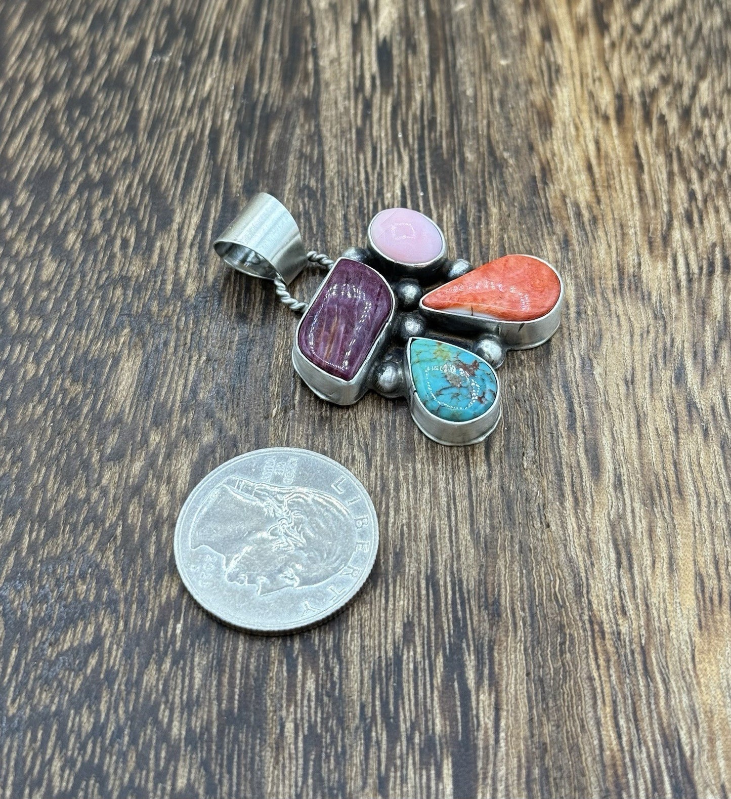 Navajo Handmade Sterling Silver Multi Color Turquoise Spiny Cluster Pendant