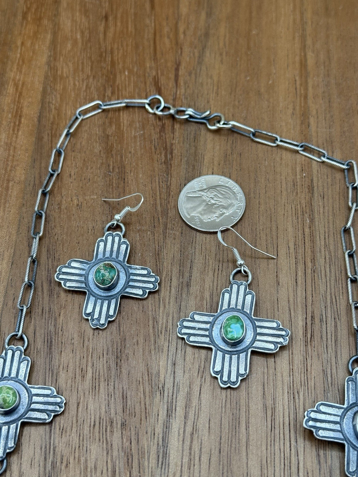 Navajo Handmade Sterling Silver Sonoran Gold Turquoise Longhorn Zia Necklace Set