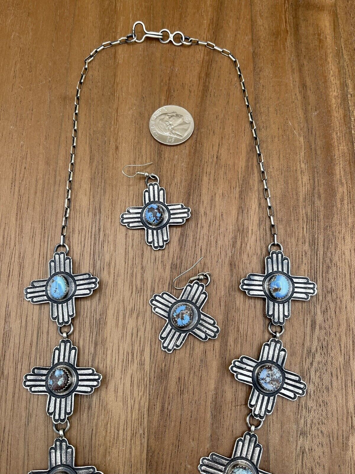 Native American Navajo Handmade Sterling Silver Turquoise Longhorn Zia Necklace