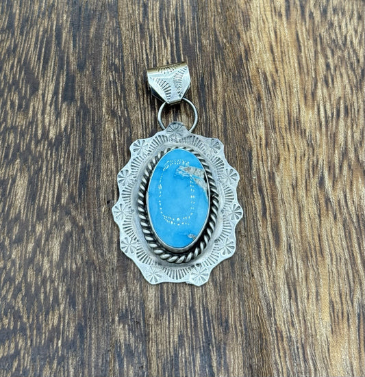 Native Navajo Handmade Sterling Silver Blue Bird Turquoise Stamped Drop Pendant