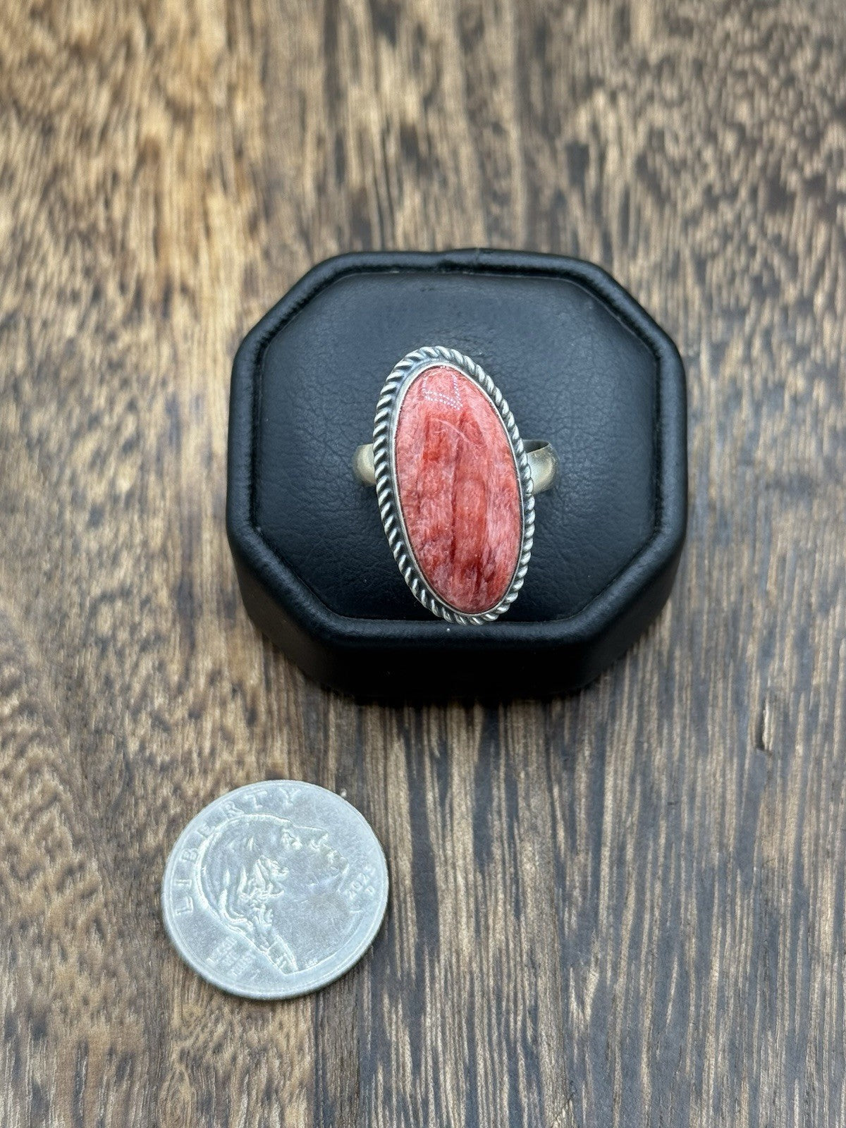 Navajo Handmade Sterling Silver Red Spiny Oyster Adjustable Ring Size 7 - 10