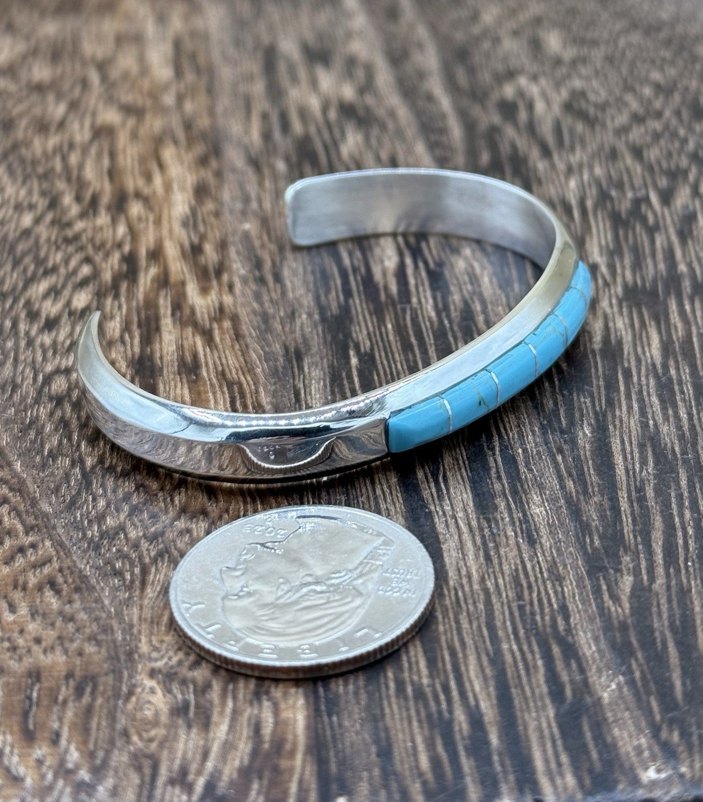 Navajo Handmade Sterling Silver Kingman Turquoise Inlay Bracelet Martha Living.