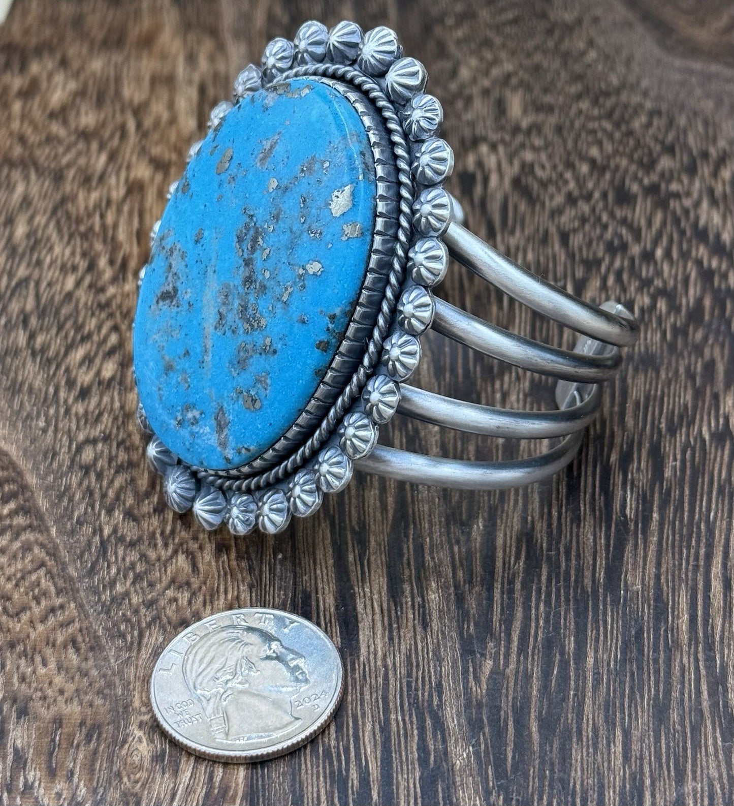 Native Navajo Handmade Sterling Silver Morenci Turquoise Old Look Cuff Bracelet