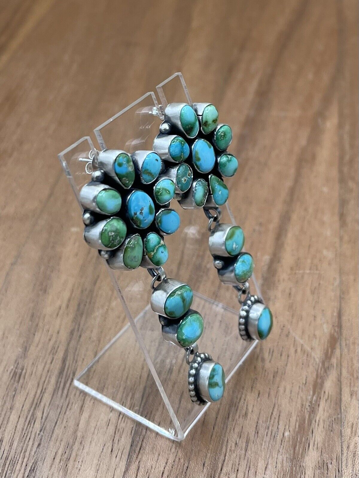 Native American Navajo Handmade Silver Sonoran Gold Turquoise Cluster Earrings