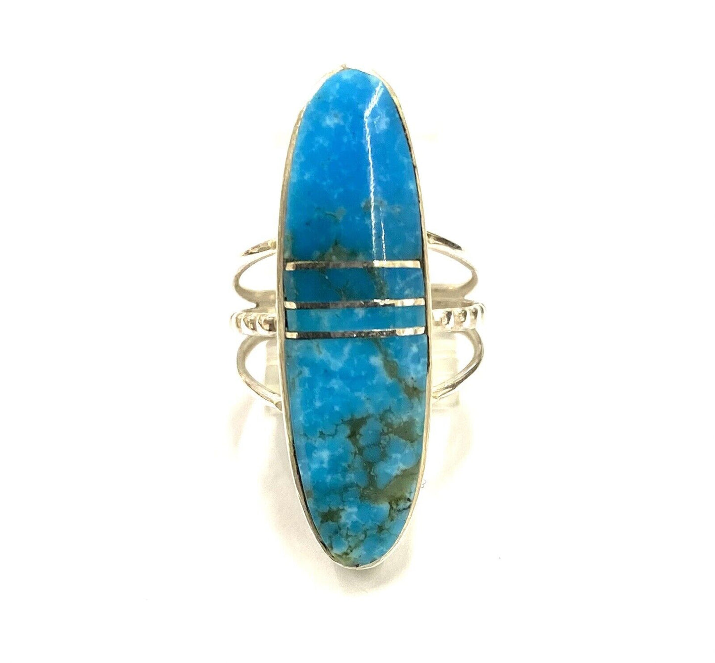 Native American Sterling Silver Navajo Handmade Inlay Turquoise Ring Size 6.5