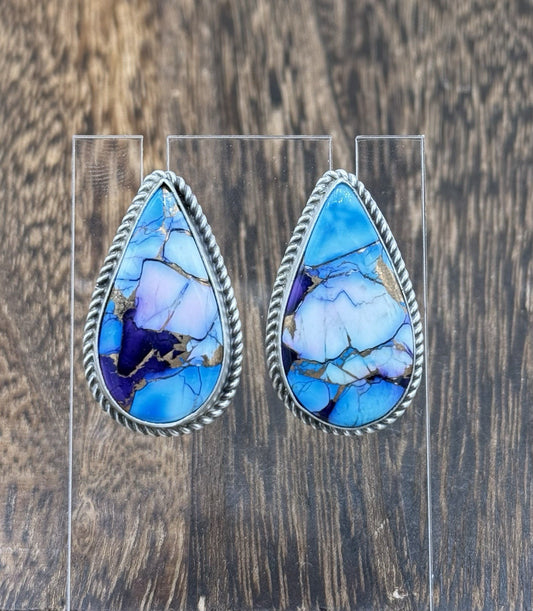 Navajo Handmade Sterling Silver Violet Rose & Blue Dahlia Post Earrings Letricia