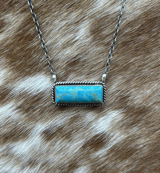 Navajo Handmade Sterling Silver Kingman Turquoise Bar Necklace 16”