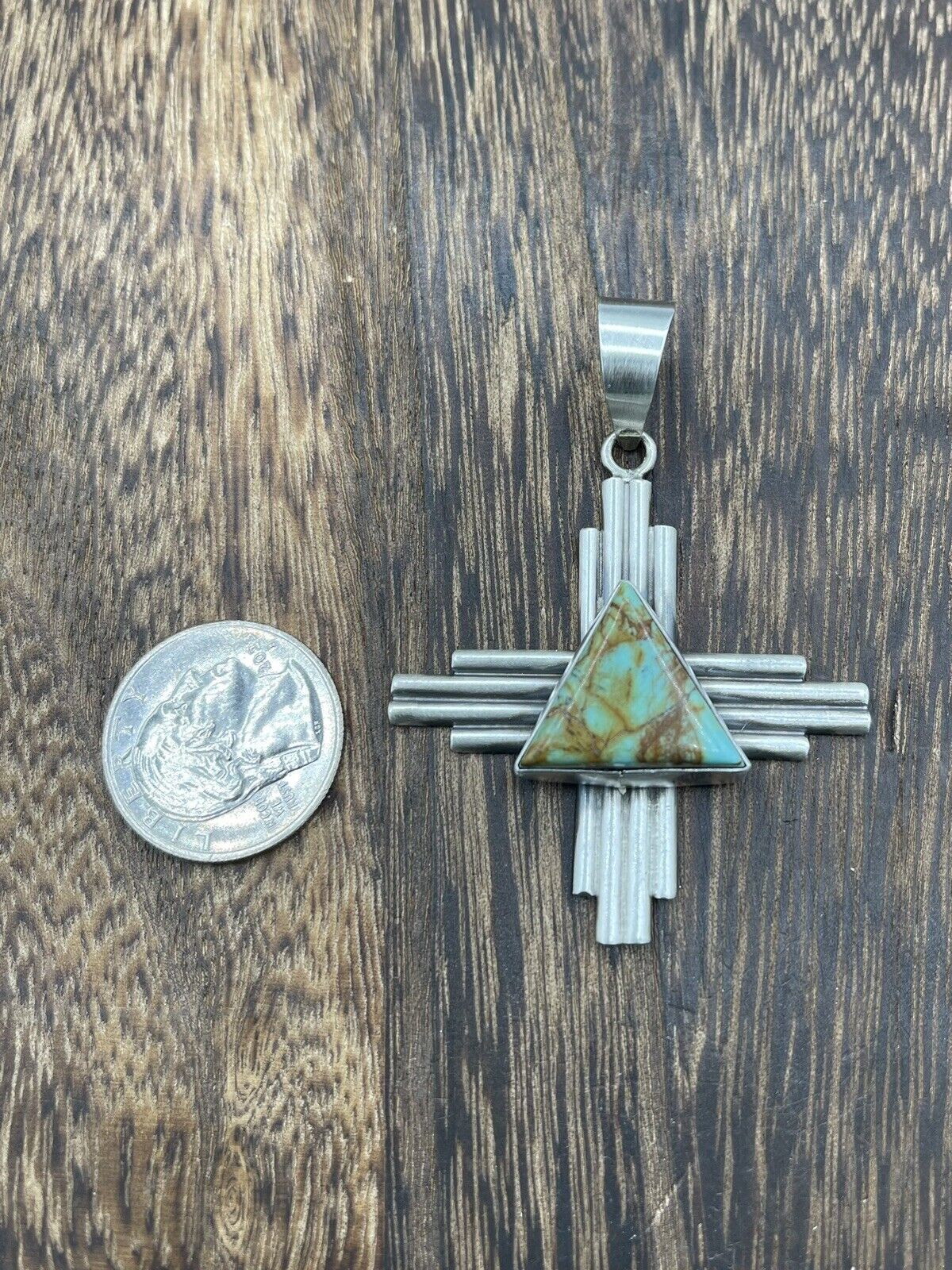 Native American Sterling Silver Navajo Handmade Turquoise Zia Pendant -Betta Lee