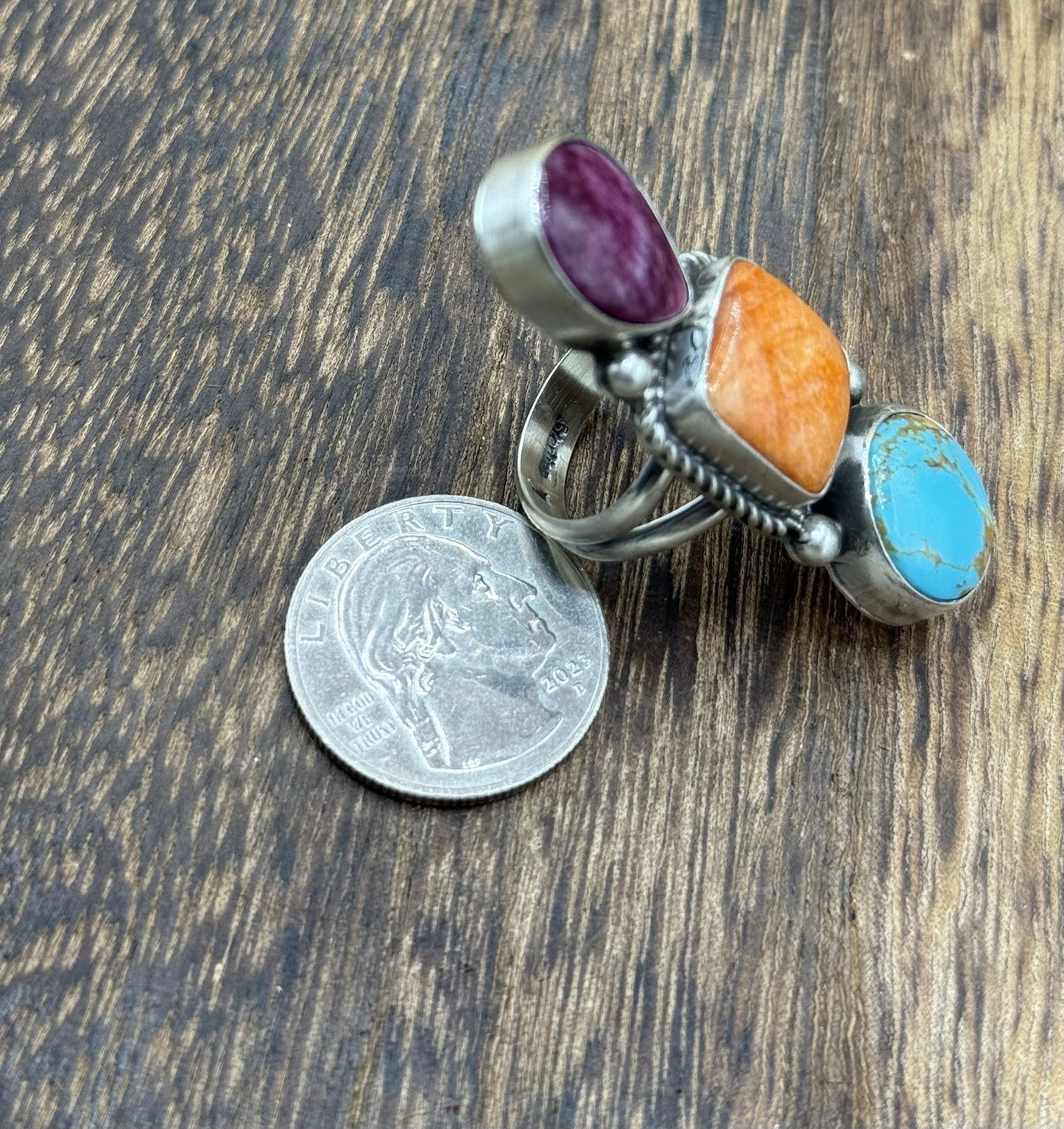 Native Navajo Handmade Sterling Silver Mixed Stone Turquoise Cluster Ring Size 8