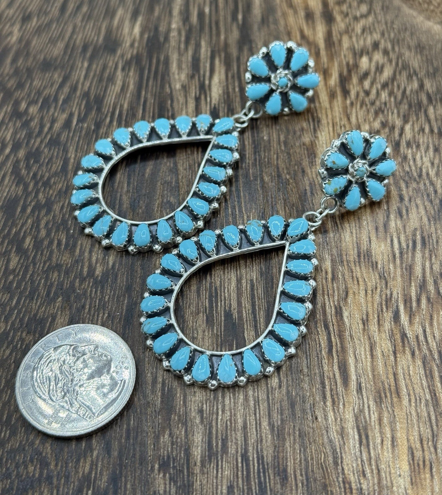 Navajo Handmade Sterling Silver Turquoise Cluster Post Drop earrings Large