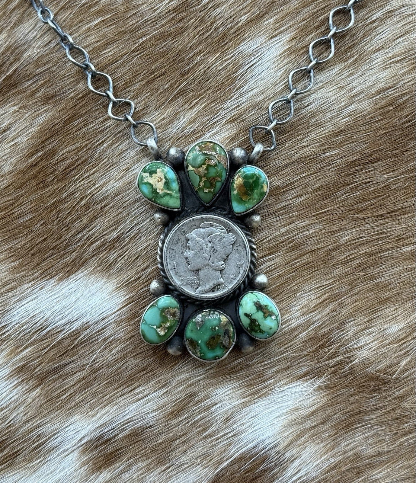 Navajo Handmade Silver Sonoran Gold Turquoise Liberty Coin Cluster Necklace 18”