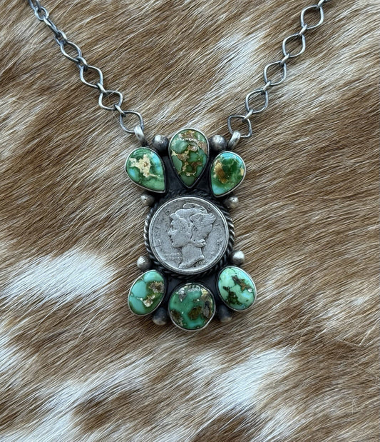 Navajo Handmade Silver Sonoran Gold Turquoise Liberty Coin Cluster Necklace 18”