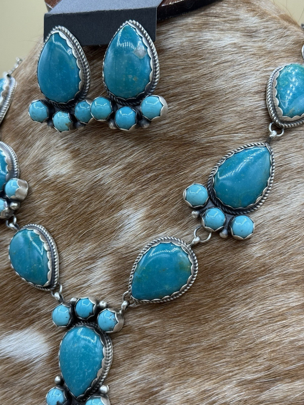 Native Navajo Handmade Sterling Silver Kingman Turquoise Lariat Necklace Set 24”