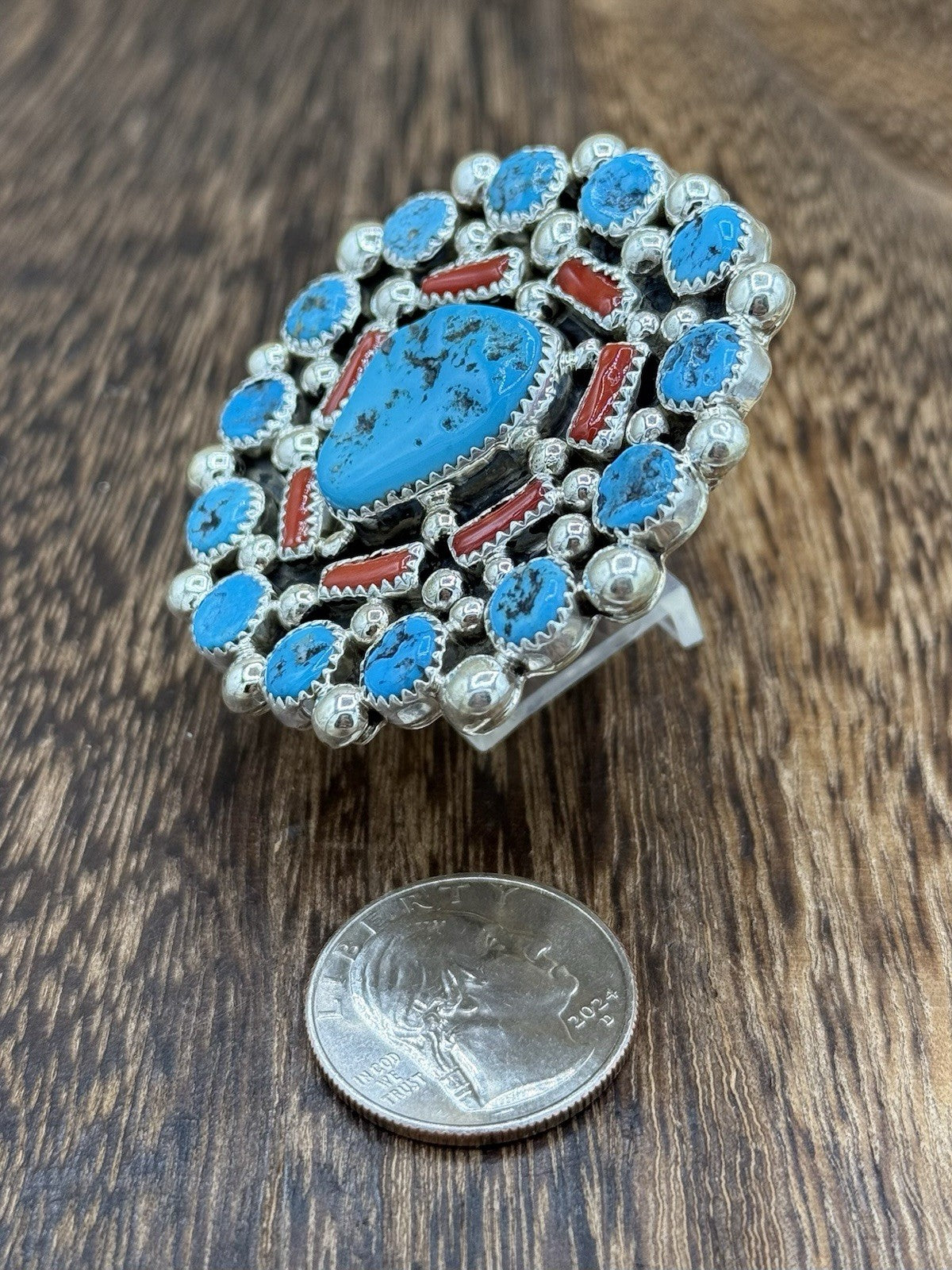 Navajo Handmade Sterling Silver Sleeping Beauty Turquoise & Coral Adjustable 6-9