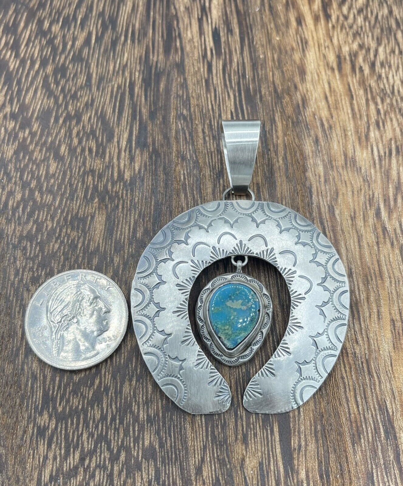 Native American Sterling Silver Navajo Handmade Stamped Turquoise Naja Pendant