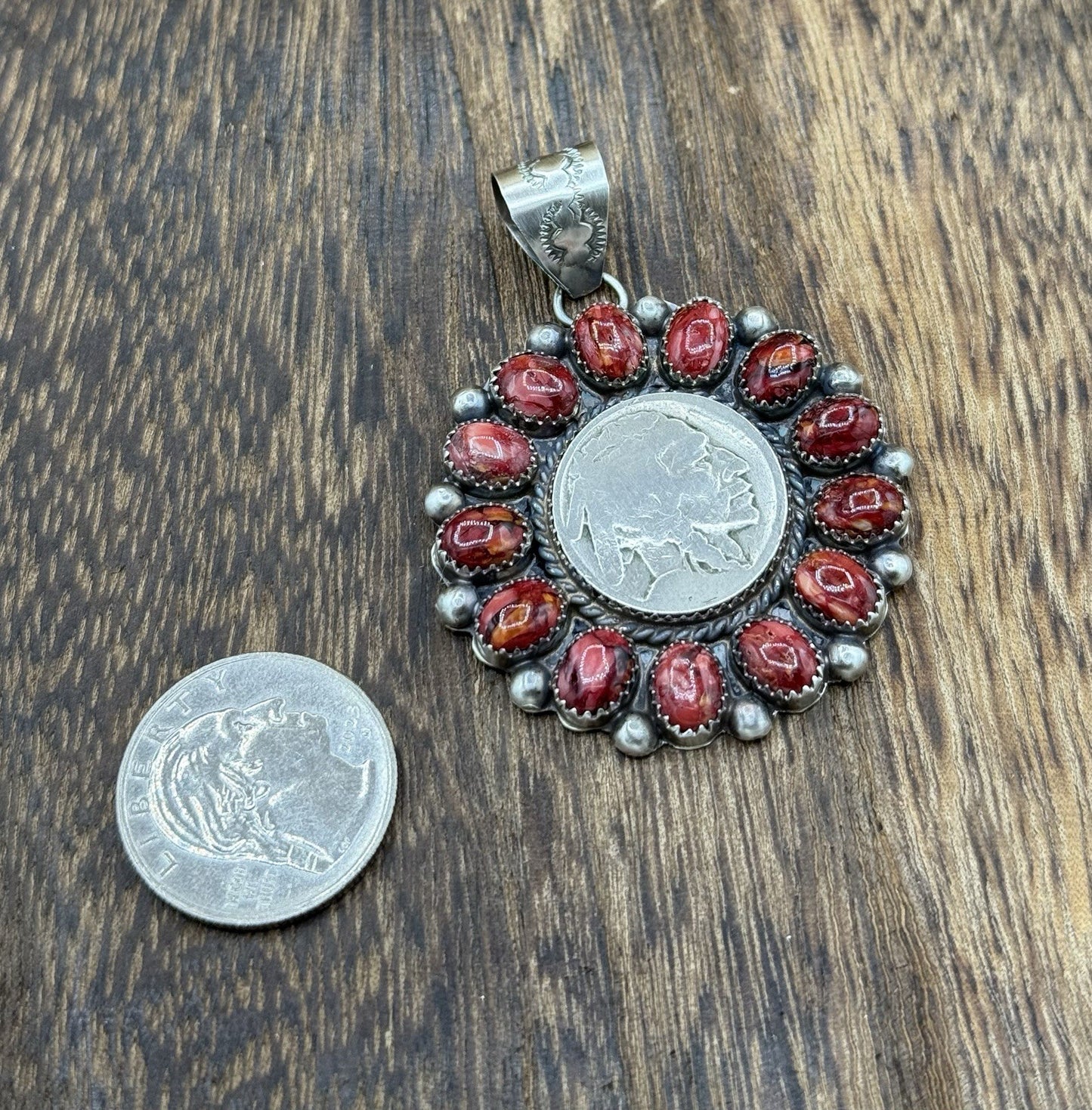 Navajo Handmade Sterling Silver Red Spiny Oyster Cluster Buffalo Coin Pendant