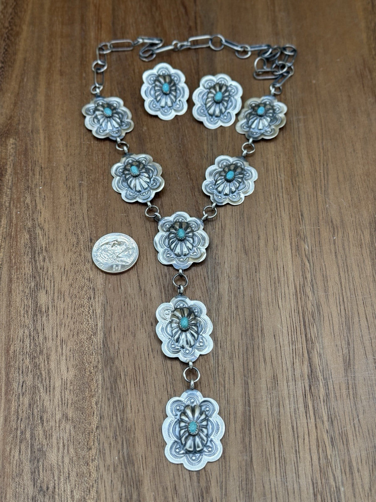 Navajo Handmade Sterling Silver Stamped Concho Turquoise Lariat Necklace Set 20”