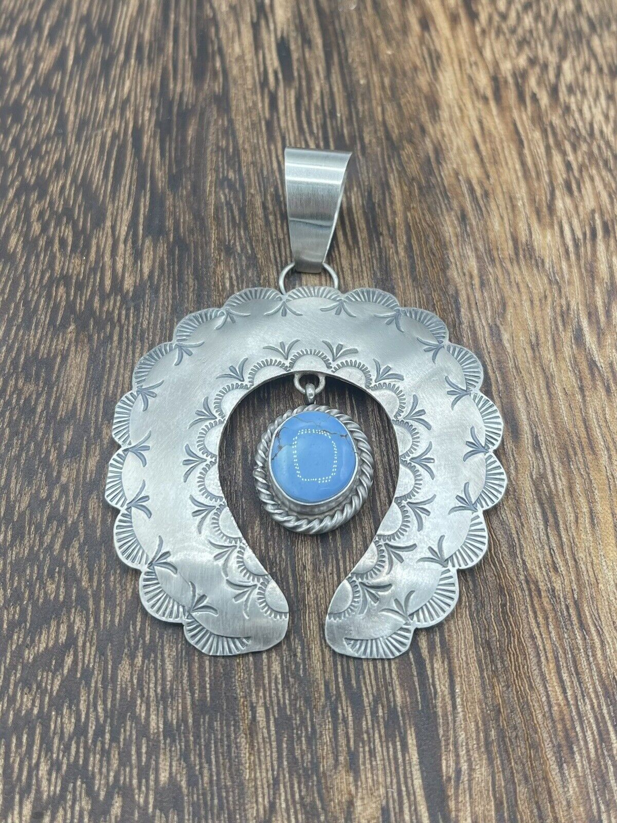 Native American Sterling Silver Navajo Handmade Stamped Turquoise Naja Pendant