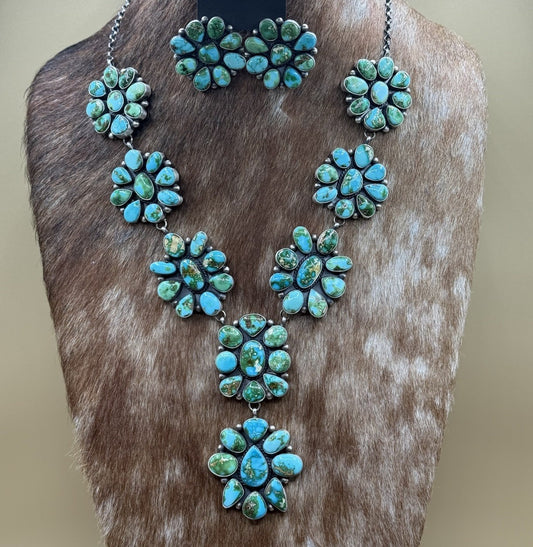 Navajo Handmade Sterling Silver Sonoran Turquoise Cluster Lariat Necklace 24”