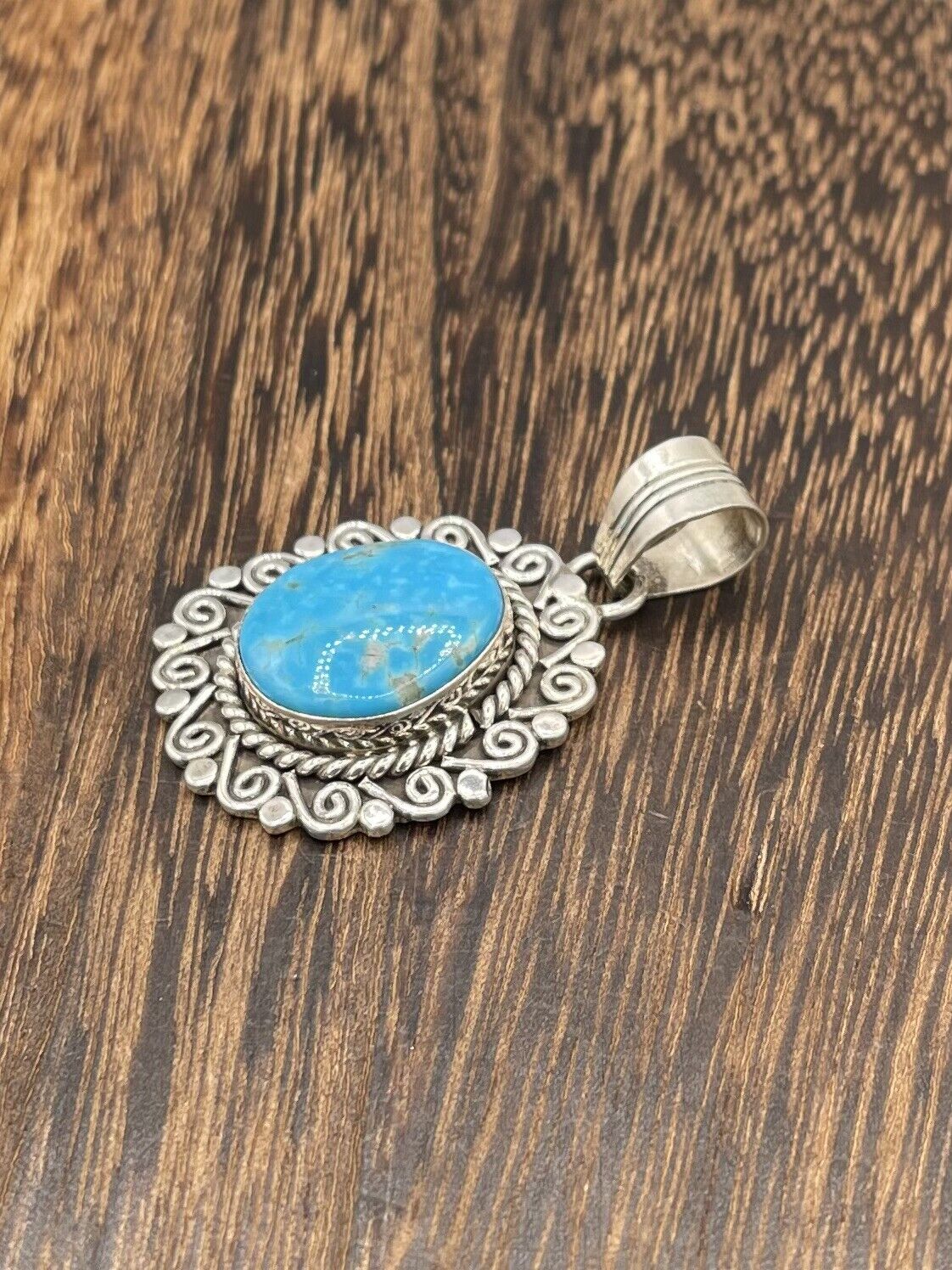 Native American Sterling Silver Navajo Handmade Natural Turquoise Pendant