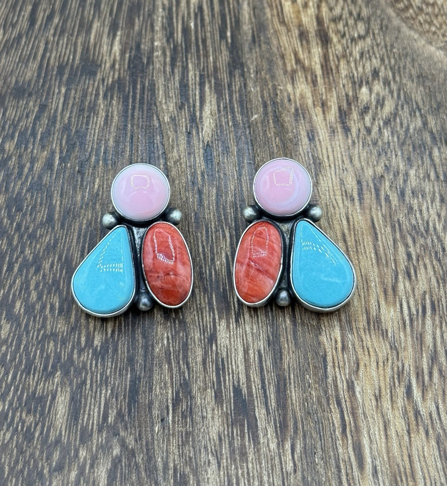 Navajo Handmade Sterling Silver Multi Color Turquoise Spiny Cluster Earrings