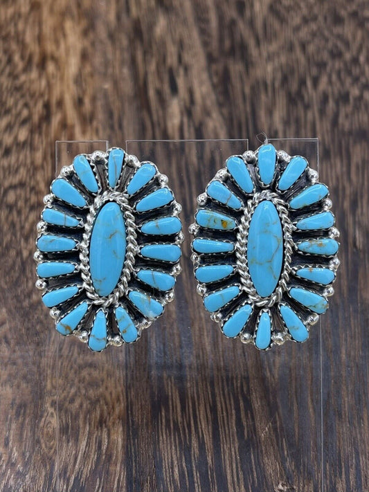 Native American Navajo Handmade Sterling Silver Turquoise Cluster Stud Earrings