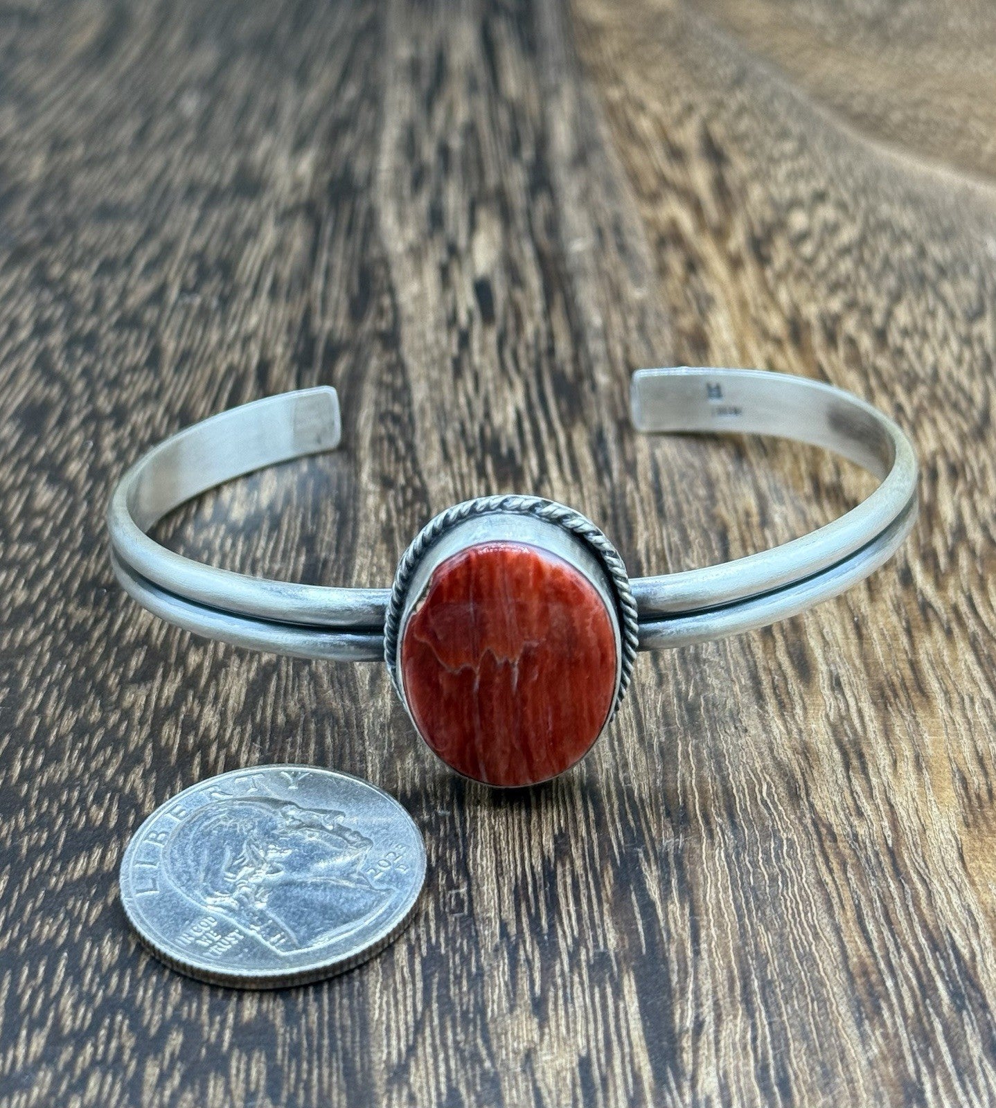 Navajo Handmade Sterling Silver Red Spiny Oyster Stacker Cuff Bracelet