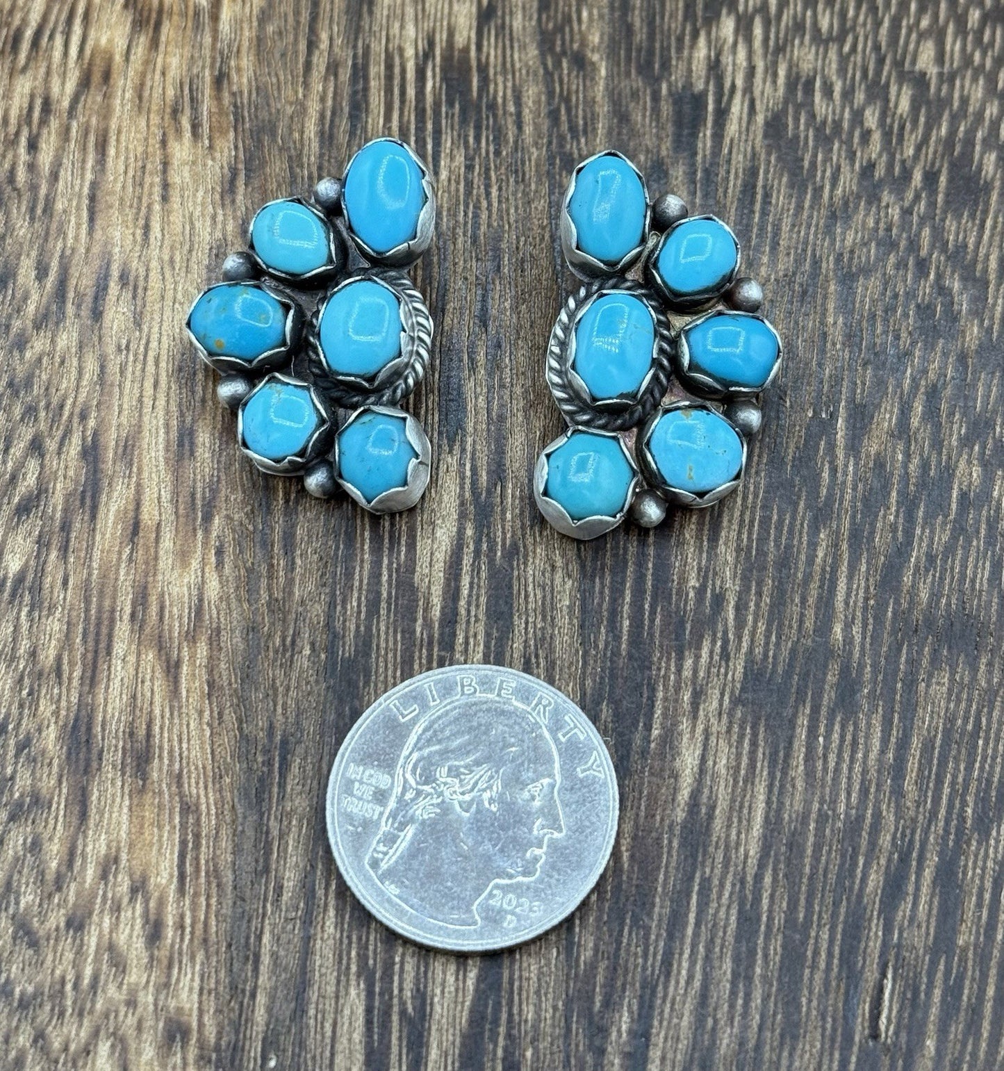 Navajo Handmade Sterling Silver Kingman Turquoise Half Cluster Post Earrings