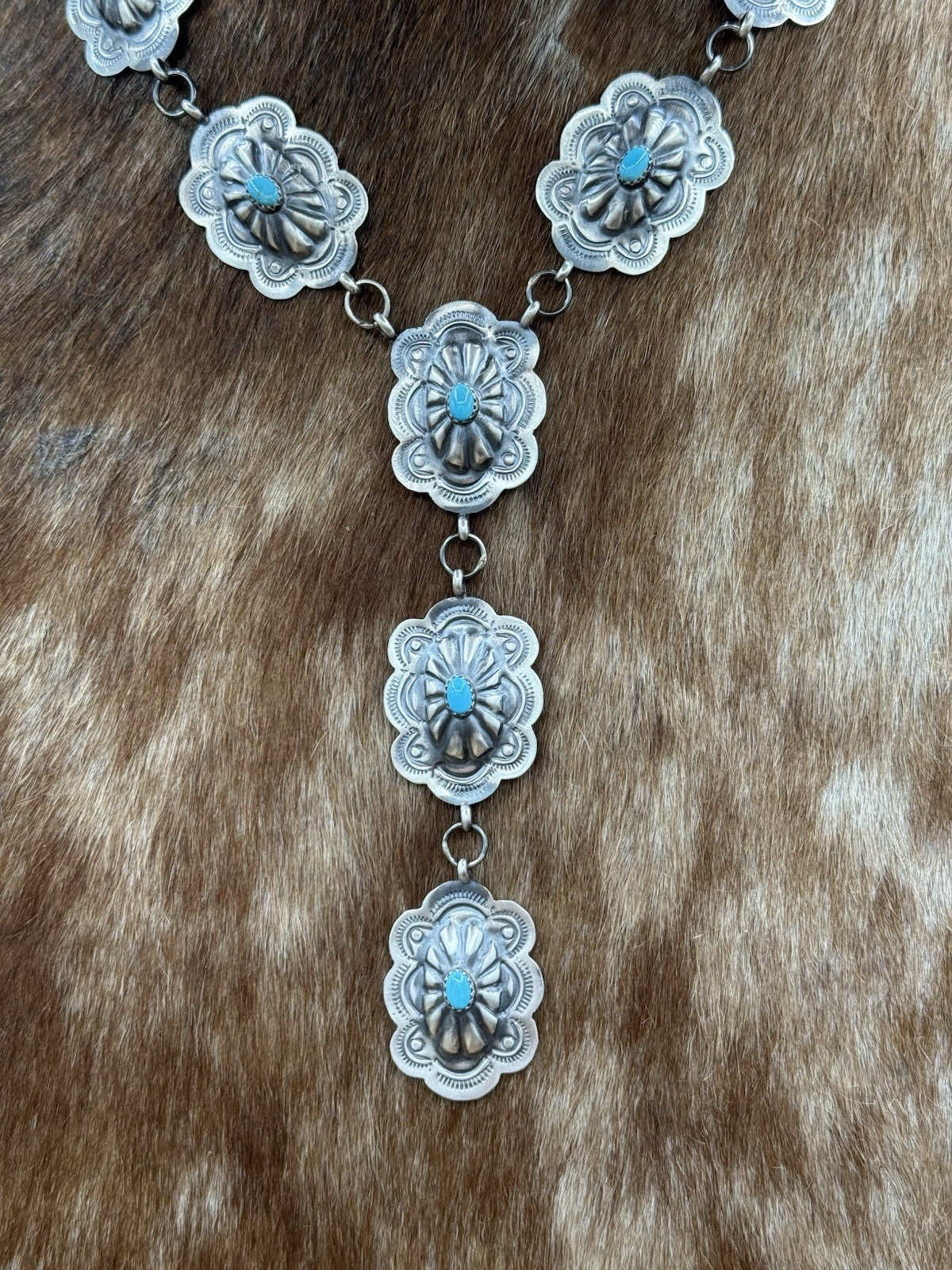 Navajo Handmade Sterling Silver Stamped Concho Turquoise Lariat Necklace Set 18”