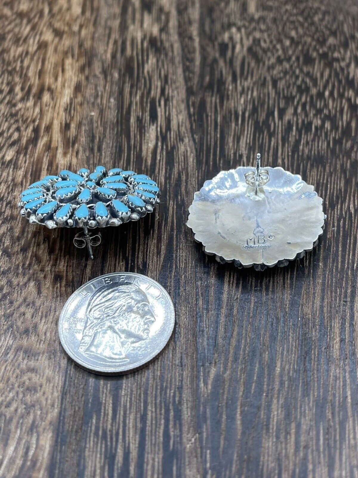 Native American Navajo Handmade Sterling Silver Turquoise Cluster Post earrings