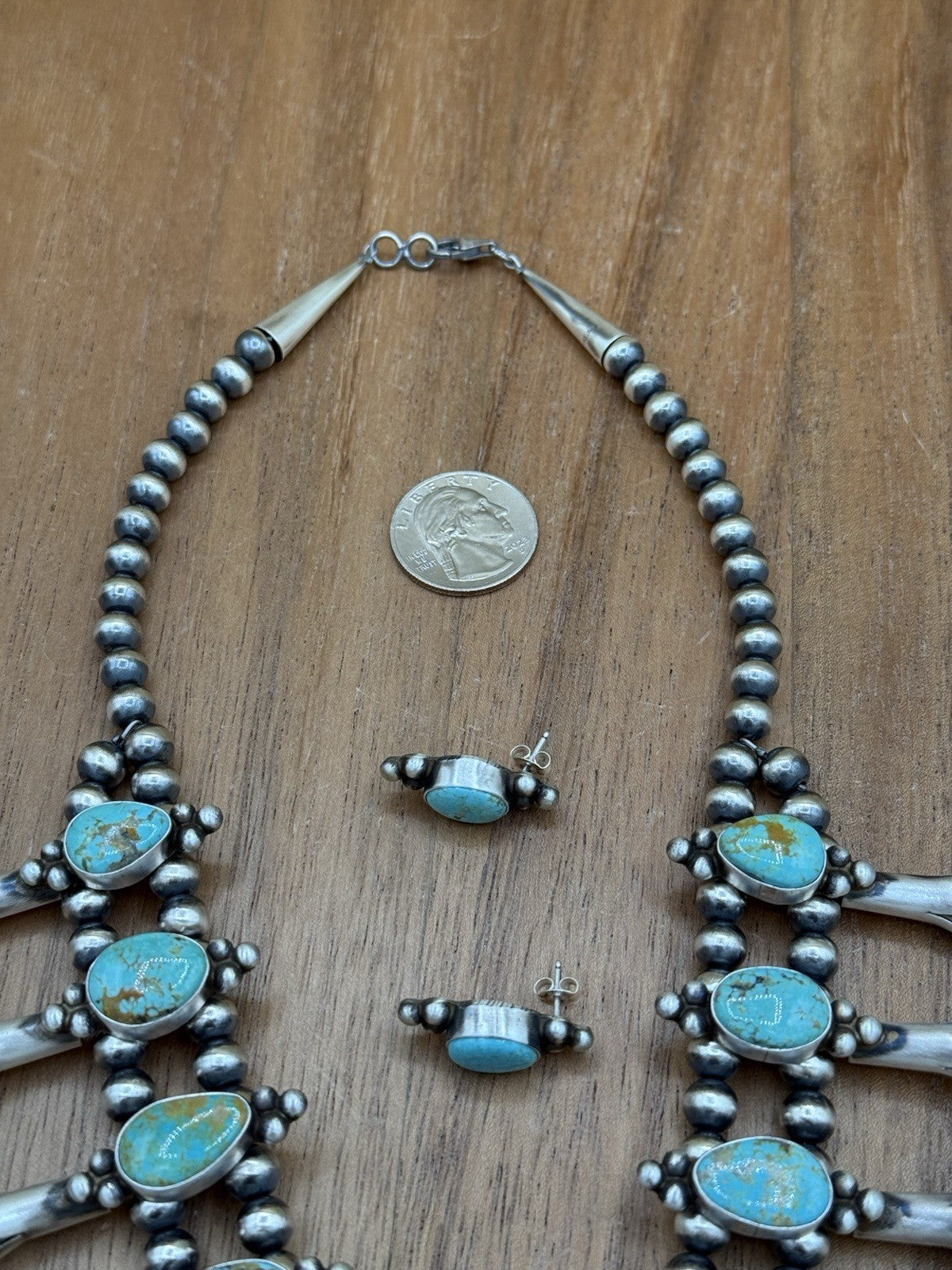 Navajo Handmade Sterling Silver Kingman Turquoise Squash Blossom Necklace 20”
