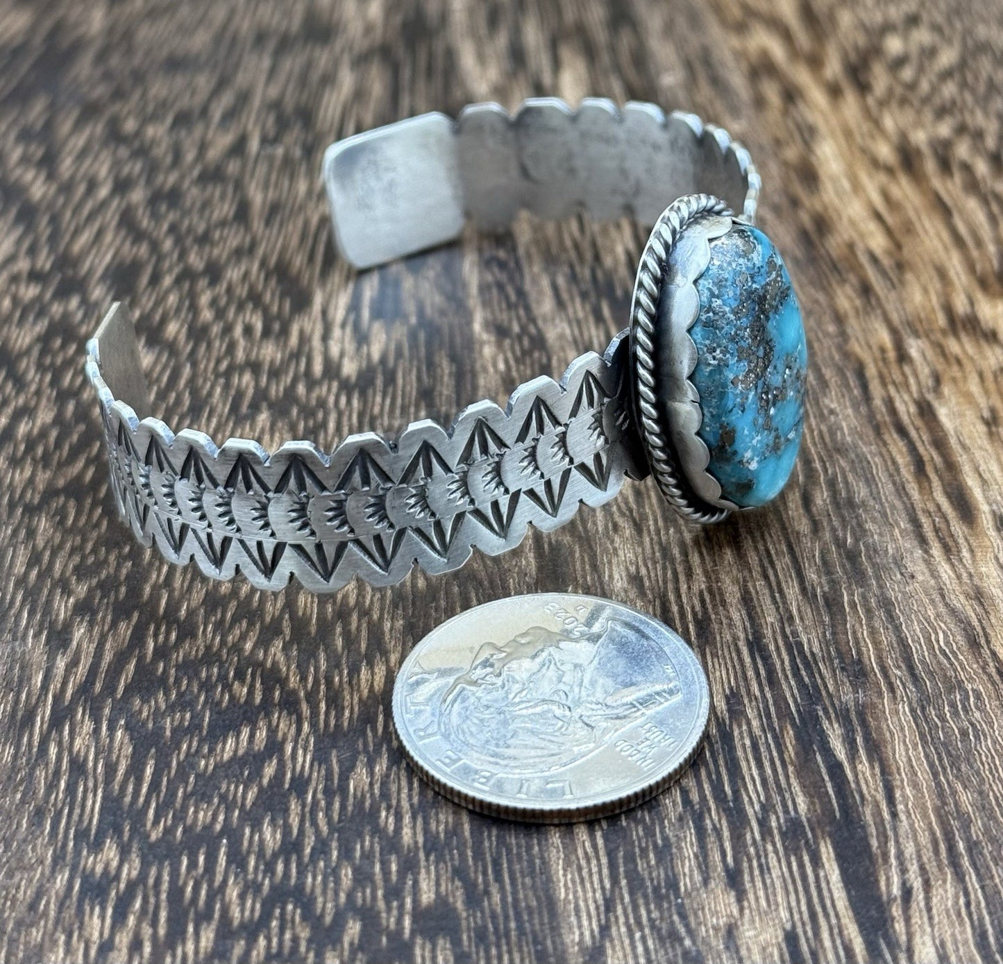 Navajo Handmade Sterling Silver Morenci Turquoise Stacker Cuff Bracelet