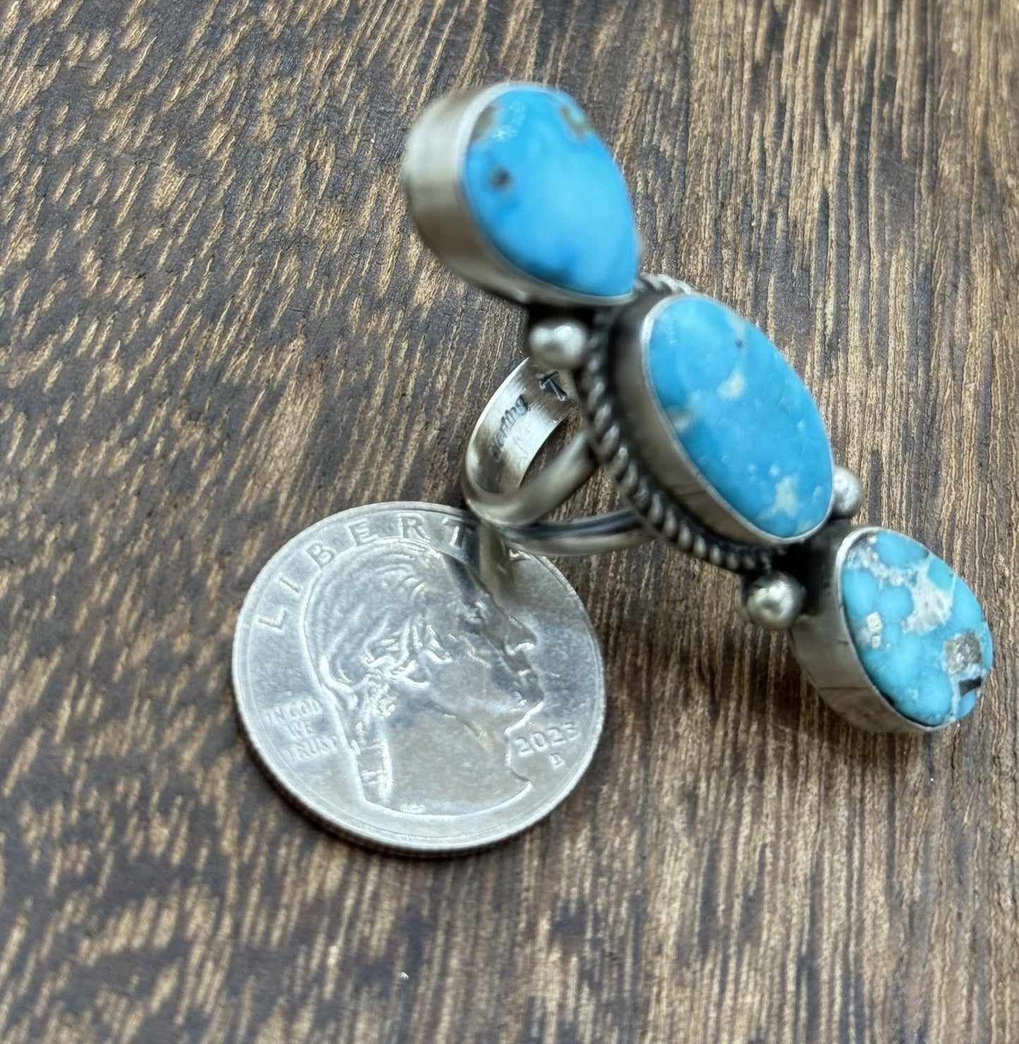 Navajo Handmade Sterling Silver Blue Bird Turquoise Cluster Ring Size 7